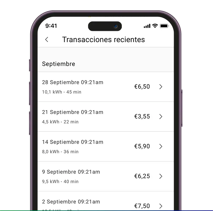 Lista de histórico de carregamentos na app