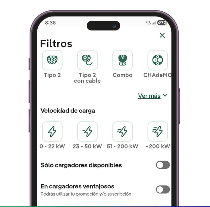 Filtros de pesquisa de carregadores na app