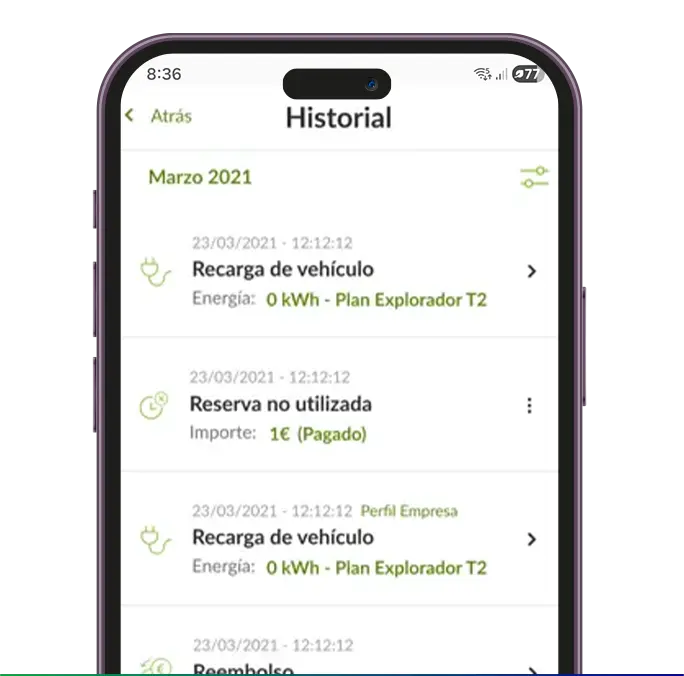 Histórico de sessões de carregamento na app